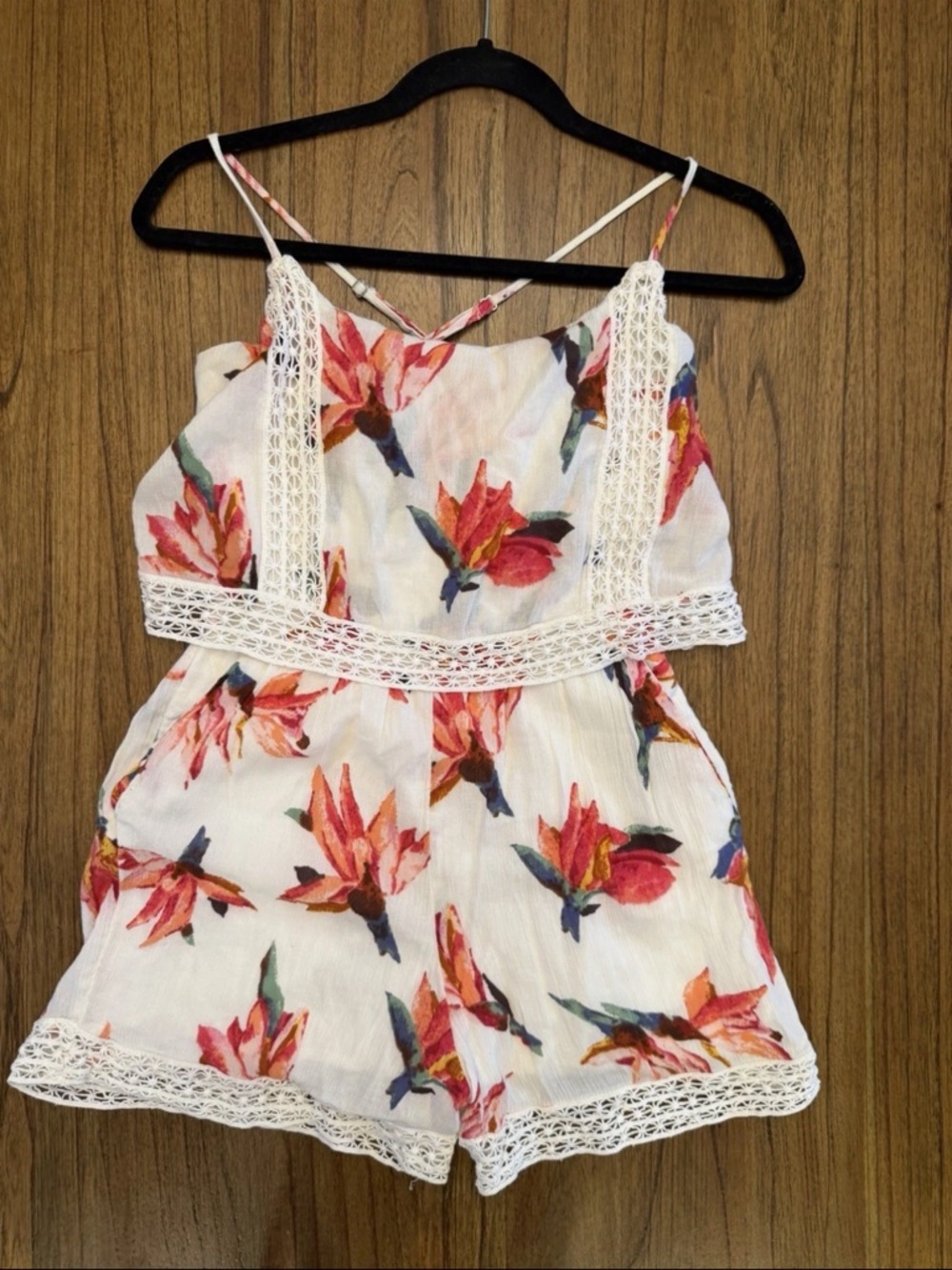 Floral Lace Trim Romper Boho Festival Mini Jumpsuit XS